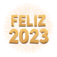 Happy 2023 in Portuguese with golden 3d design with fireworks. Translation - Happy 2023. png