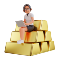 3D-Rendering Geschäftsfrau sitzt auf Gold png