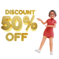 Discount Off With Woman Character 3d illustration png