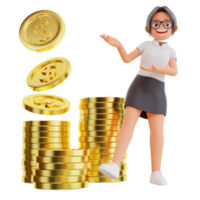 empresária mostrando moeda dolar, ilustração 3d png