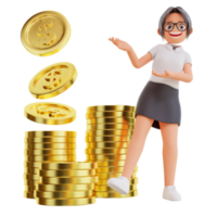 zakenvrouw tonen dolar munt, 3d illustratie png