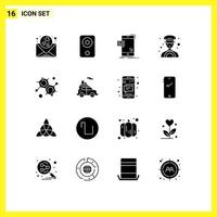 Modern Set of 16 Solid Glyphs and symbols such as chemist driver speaker car mail Editable Vector Design Elements