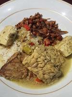 foto de un plato de comida casera, arroz con guarniciones de pescado ahumado, tofu y tempeh