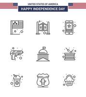 USA Independence Day Line Set of 9 USA Pictograms of city army cell security phone Editable USA Day Vector Design Elements