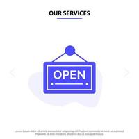 Our Services Open Sign Board Hotel Solid Glyph Icon Web card Template vector