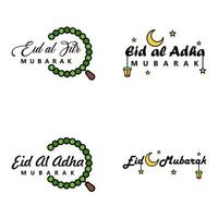 paquete de 4 fuentes decorativas diseño de arte eid mubarak con caligrafía moderna luna colorida estrellas linterna adornos hosco vector