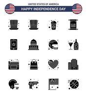 16 USA Solid Glyph Signs Independence Day Celebration Symbols of city ireland scroll cell mobile Editable USA Day Vector Design Elements