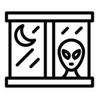 alienígena en el vector de contorno del icono de la ventana. ovni espacial