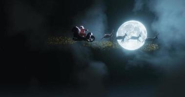 cielo nocturno la luna llena tiene a santa claus montando un trineo de renos a través de ella. noche de navidad, santa montando un trineo, un reno con chispas de magia. representación 3d video