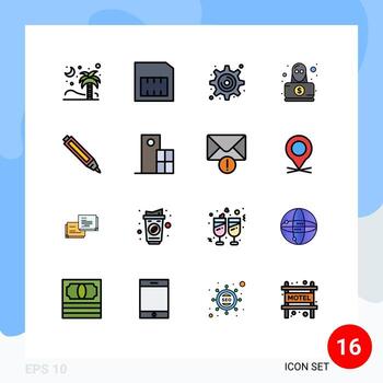 Mobile Interface Flat Color Filled Line Set of 16 Pictograms of pencil education cogwheel robbery hacker Editable Creative Vector Design Elements