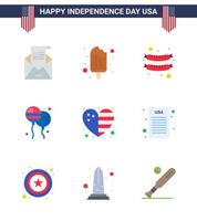 9 USA Flat Pack of Independence Day Signs and Symbols of country american ice cream fly bloon Editable USA Day Vector Design Elements