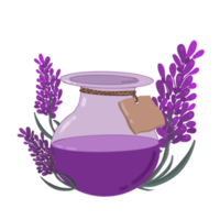 bottiglia con olio essenziale e fiori di lavanda png