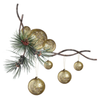 golden christmas balls on an evergreen spruce branch png