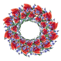 wreath of red tulips and chicory freehand drawing png
