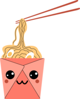 Asian wok box with ramen noodles cartoon character. Isolated PNG ramen personage. Happy fast food positive emoji, funny kawaii meal in carton package