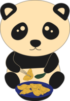 Cute panda eating noodles and uses chopsticks. Ramen. Asian food. PNG