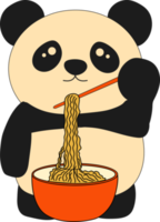panda mignon mangeant des nouilles et utilise des baguettes. ramens. nourriture asiatique. png