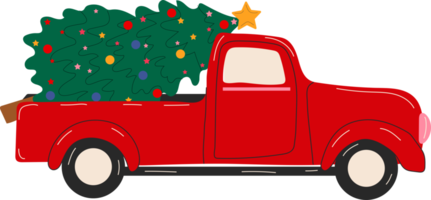 Merry Christmas and Happy New Year Postcard or Poster or Flyer template with pickup truck with christmas tree. Vintage styled PNG illustration.