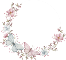 Semicircle frame with flowers and butterflies. Watercolor illustration png