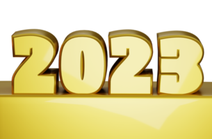 2023 Happy New Year. 3d render 2023 gold metallic sign on display podium. Realistic 3D 2023 signage for New Year celebration design png