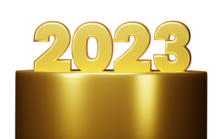 2023 Happy New Year. 3d render 2023 gold metallic sign on display podium. Realistic 3D 2023 signage for New Year celebration design png