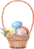 Happy Easter day colorful eggs in basket with flowers png