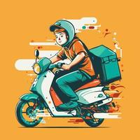 food Delivery man riding scooter motorcycle illustration flat style vector