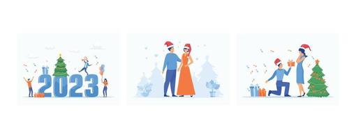 Business people celebrate new year concept, Couple of young people on Christmas Day, Man gives a woman a gift for Christmas, set flat vector modern illustration