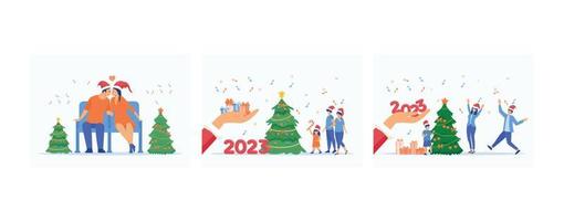 pareja besándose en navidad, la mano de santa claus da regalos, familia feliz cerca del árbol de navidad tradicional, celebración de navidad, ilustración moderna vectorial plana vector