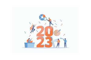 Happy new year 2023, Businessman hold magnifying glass, checking charts and diagrams, flying on rocket and seeking new opportunities for new year, flat vector modern illustration