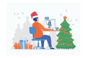 hombre videollamada a su novia en una computadora en casa el día de navidad, ilustración moderna de vector plano