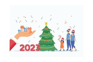 la mano de santa claus da regalos. Números de 2023 años en el árbol de Navidad tradicional. familia feliz, celebración de navidad. año nuevo, vacaciones de invierno, banner horizontal, ilustración moderna de vector plano