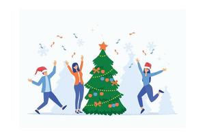 hombres de negocios alegres, mujeres personas que tienen fiesta celebrando el día de año nuevo. colegas felices bailando, dando regalos en la oficina con árbol de navidad, ilustración moderna de vector plano