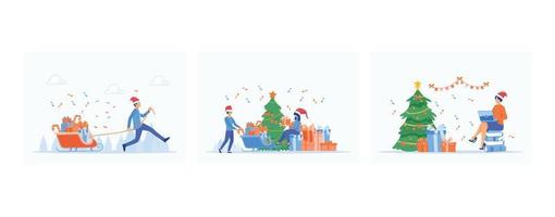 Man pulls up a surfboard filled with presents for Christmas in winter,  people prepare Christmas parties and gifts, Women sit and finish errands at work at Christmas, vector