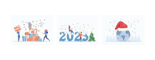 preparación para las vacaciones de invierno, los trabajadores celebran la navidad y el año nuevo, el concepto de feliz navidad y feliz año nuevo, establece la ilustración moderna vectorial plana vector