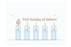 One burning advent candle. Erster Advent german text. Flat Holiday design with candles on white background. For greeting Holiday card, posters, Christmas, flat vector modern illustration