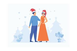 pareja de jóvenes el día de navidad. marido y mujer celebran la fiesta, ilustración moderna de vector plano