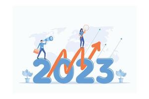 feliz año nuevo 2023. Concepto de objetivos comerciales 2023, equipo comercial que busca nuevas oportunidades. liderazgo. visión. logro, ilustración moderna de vector plano