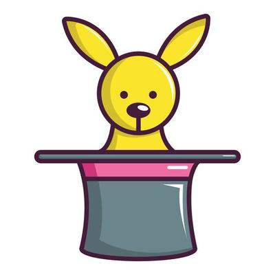 Cute bunny rabbit in magic hat icon, cartoon style