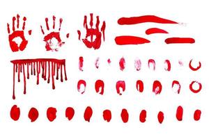 Vector set of bloody stains, brush strokes and handprints. Traced hand-drawn red ink collection of bloody-themed elements.