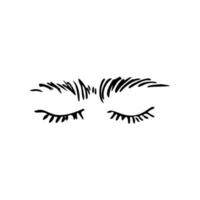 closed eyes with long eyelashes and thick unibrow in doodle style - hand drawn vector drawing