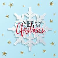 White volumetric snowflake on a light blue square background with golden stars with sparkles. In the center is a red-and-blue lettering of Merry Christmas. Vector christmas illustration