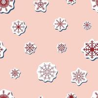 seamless Vector sticker geometric dark red snowflakes pattern with shadow on pink background. Winter print