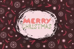 merry christmas inscription on a brown horizontal background with a pattern of coniferous branches and snowflakes vector
