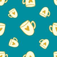 white brown drawing of a mug with a heart in the doodle style on a turquoise blue green square shape background. Vector seamless print with a love cup