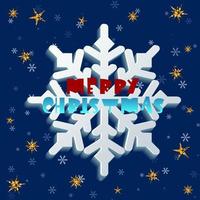 White volumetric snowflake on a dark blue square background with light little snowflakes and golden stars with sparkles. In the center is a geometric red blue lettering. Vector christmas illustration