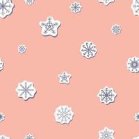 seamless Vector sticker geometric blue snowflakes pattern with shadow on coral pink background. Winter print