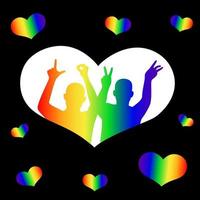 Silhouette of two men with a gradient pride flag. Their hands are folded into the word love. Illustration of a white heart frame on a black background with small hearts with a gradient pride flag.