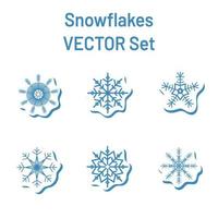 conjunto vectorial de pegatinas de copos de nieve geométricos azules con sombra sobre un fondo blanco vector