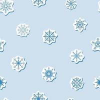 seamless Vector sticker geometric blue snowflakes pattern with shadow on white background. Winter print